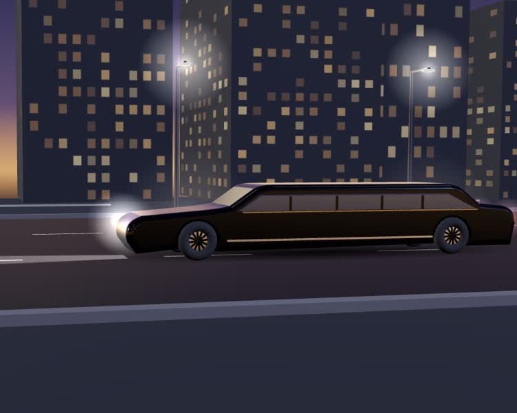 Black stretch limousine driving through the city at dusk